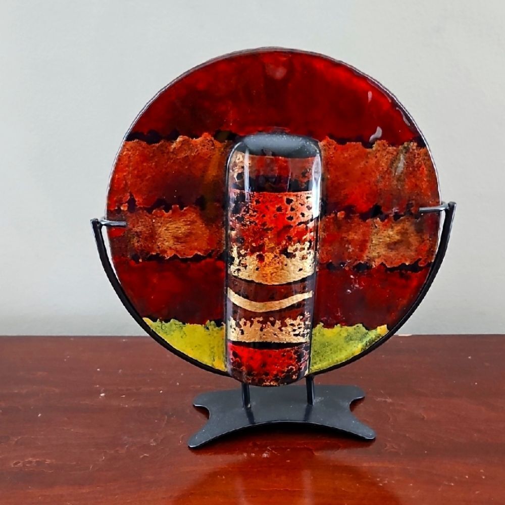 Vintage Fused Abstract Glass Art On Wrought Iron Stand
